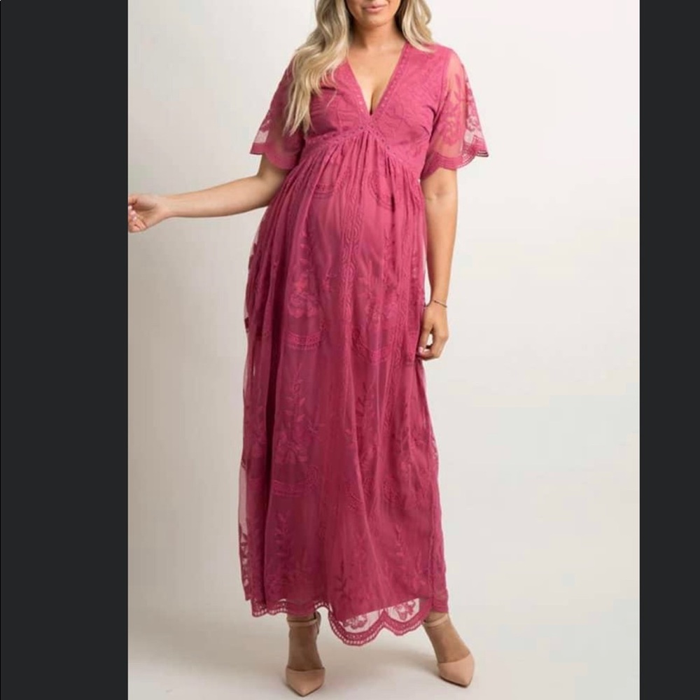 PinkBlush maternity magenta mesh lace overlay maxi dress
